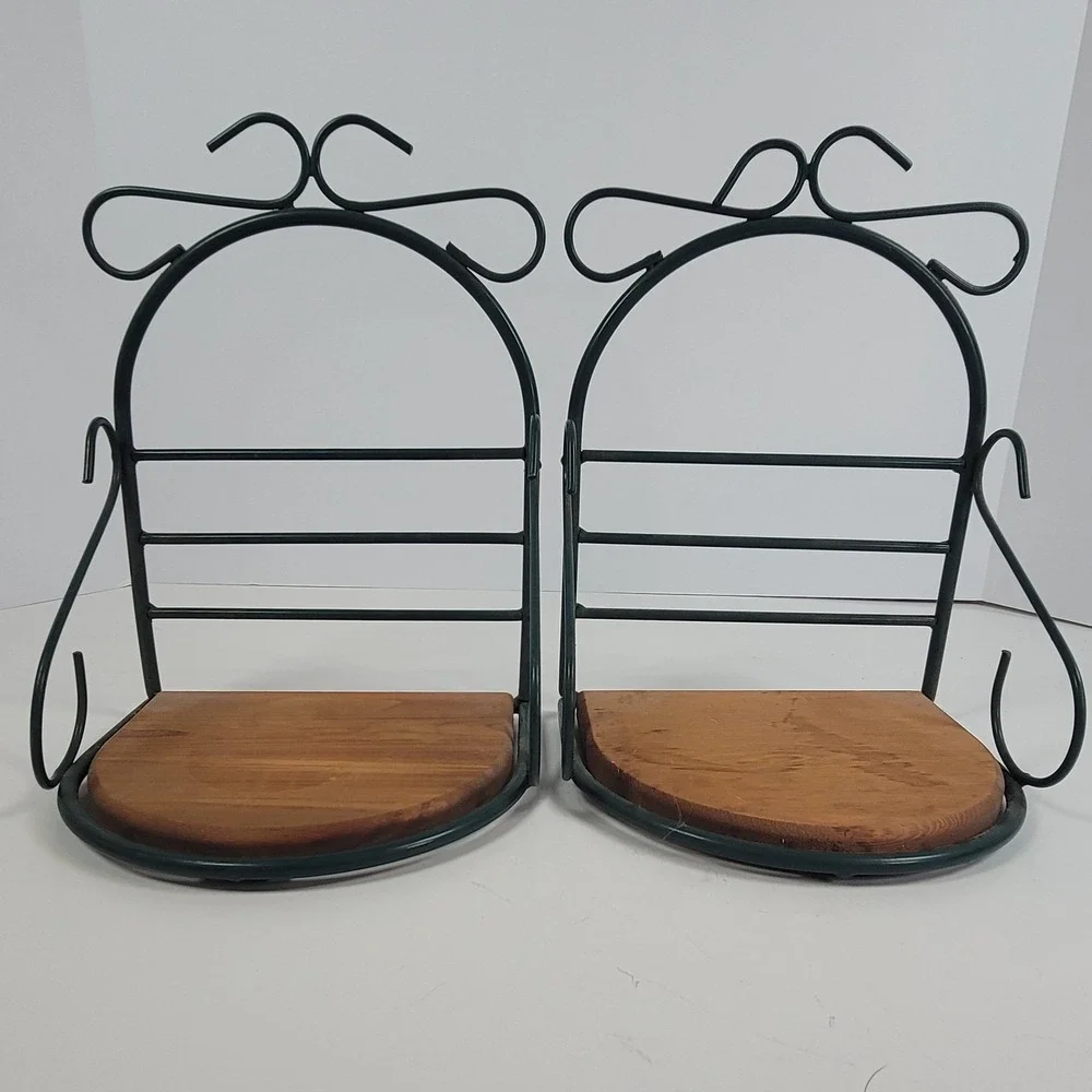 Vintage Green Metal Bow Scroll Wall Shelves Wood Base Set of 2 Farmhouse Decor